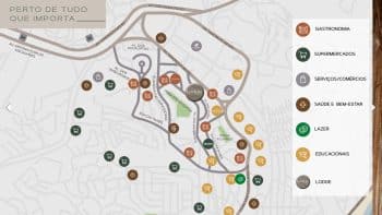 Mapa ilustrativo mostrando a localização do Lodge Caminho das Árvores, destacando pontos de interesse como restaurantes, supermercados, serviços, estabelecimentos de saúde, lazer e instituições educacionais nas proximidades.