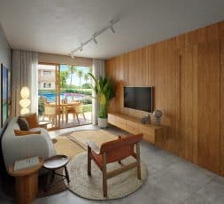 Imagem do living do Oahu Itacimirim, mostrando uma sala de estar decorada com móveis modernos, piso de cerâmica, parede revestida de madeira e vista para a área externa com piscina.