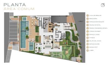 Planta baixa da área comum do Lodge Caminho das Árvores, exibindo várias instalações e espaços de lazer, incluindo piscina, casa de brincar, e áreas para fitness e socialização.