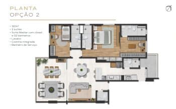 Planta baixa de um apartamento de 120m², com 2 suítes, incluindo uma suíte master com closet e dois banheiros, lavabo, cozinha integrada e banheiro de serviço. O layout inclui uma sala de estar e jantar integradas, além de uma varanda.