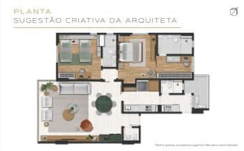 Planta baixa de uma sugestão criativa para o apartamento, com layout alternativo apresentando três quartos, incluindo uma suíte master, área social ampla com sala de estar e jantar integradas, cozinha fechada e varanda.