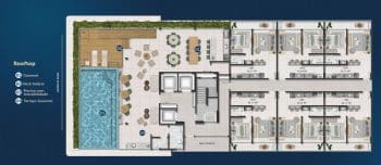 Planta baixa do rooftop do AION Ladeira da Barra, mostrando a distribuição das áreas de lazer e apartamentos adjacentes. A área inclui espaços gourmet, deck solário, piscina com acessibilidade e terraço gourmet.