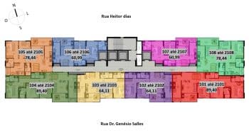 Planta baixa mostrando a disposição dos apartamentos em um andar do edifício, com números de unidades e áreas em metros quadrados indicados.