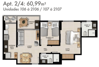 Planta baixa de um apartamento de 2 quartos, 60,99 m², com sala de estar, varanda, cozinha, área de serviço, suíte, quarto, e dois banheiros.