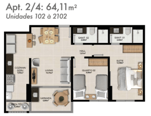 Planta baixa de um apartamento de 2 quartos, 64,11 m², com sala de estar, varanda, cozinha, área de serviço, suíte, quarto, e dois banheiros.