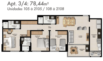 Planta baixa de um apartamento de 3 quartos, 78,44 m², com sala de estar, varanda, cozinha, área de serviço, duas suítes, um quarto e três banheiros.