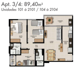 Planta baixa de um apartamento de 3 quartos, 89,40 m², com sala de estar, varanda, cozinha, área de serviço, uma suíte, dois quartos, e dois banheiros.