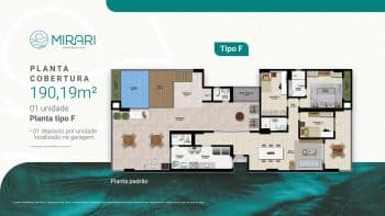 Planta da cobertura Tipo F, 190,19m², com piscina privativa e amplo terraço no empreendimento Mirari Urban Beach Living.