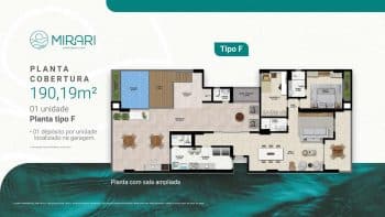 Planta da cobertura Tipo F, 190,19m², com sala ampliada, piscina privativa, terraço e três quartos no empreendimento Mirari Urban Beach Living.