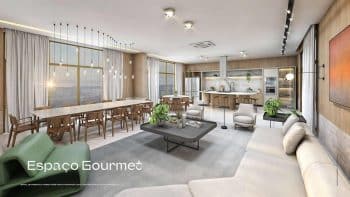 Espaço gourmet moderno e elegante no MIRARI Urban Beach Living, ideal para eventos e jantares em um ambiente refinado.