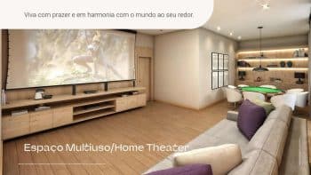 Sala multiuso com home theater e espaço para jogos no MIRARI Urban Beach Living, com ambiente aconchegante e moderno.