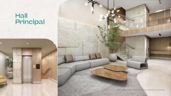 Imagem do hall principal do MIRARI Urban Beach Living, com design contemporâneo e ambiente acolhedor.