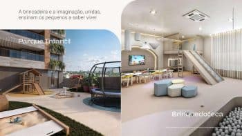 Parque infantil externo e brinquedoteca do MIRARI Urban Beach Living, projetados para incentivar a brincadeira e o desenvolvimento das crianças.