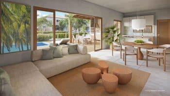 Perspectiva do Living do Bangalô Gourmet no MERÍ Itacimirim, com sala de estar e área gourmet integradas com vista para a piscina.