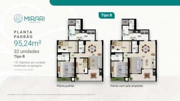 Planta do apartamento Tipo B, 95,24m², no Mirari Urban Beach Living, com opções de sala ampliada e varanda gourmet.