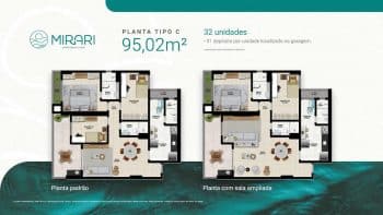 Planta do apartamento Tipo C no Mirari Urban Beach Living, com 95,02m², varanda gourmet e opções de sala ampliada.