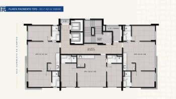 Imagem da planta baixa do pavimento tipo do Blue Graça, mostrando a disposição dos apartamentos e áreas comuns entre o 1º e 14º andar, incluindo elevadores, escadas e hall de circulação.