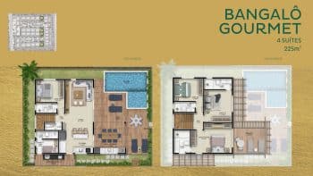 Planta baixa do Bangalô Gourmet no MERÍ Itacimirim, com 4 suítes distribuídas em 225m².