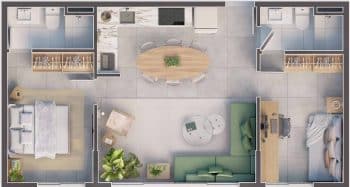 Imagem da planta baixa da Sugestão B no Blue Graça, mostrando um layout de 57m² com duas suítes nas extremidades, e uma área central integrada com sala, cozinha e espaço para refeições.