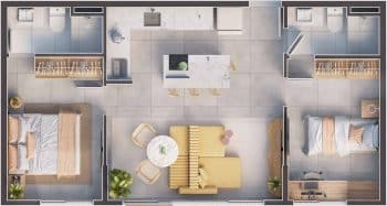 Imagem da planta baixa da Sugestão C no Blue Graça, destacando um layout de 57m² com duas suítes, sala e cozinha integradas ao centro do apartamento.