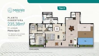 Planta do apartamento de cobertura Tipo D no Mirari Urban Beach Living, com 235,38m², piscina privativa, terraço e ampla varanda.