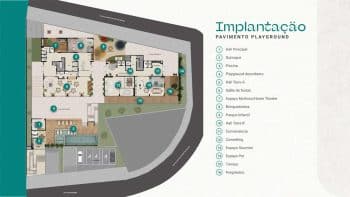 Planta do pavimento playground do Mirari Urban Beach Living, mostrando a distribuição dos ambientes como salão de festas, piscina, brinquedoteca e coworking.