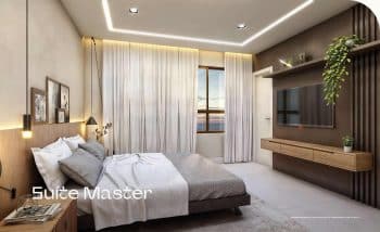 Imagem da Suíte Master com cama king size, janelas amplas e decoração moderna no Mirari Urban Beach Living.