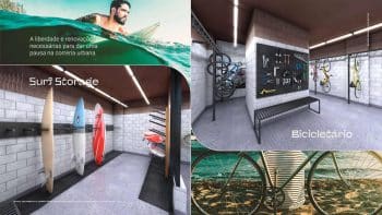 Imagem do surf storage e bicicletário do empreendimento, com espaço para guardar pranchas e bicicletas, além de ferramentas para manutenção.