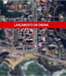 Imagem do mapa de Ondina, Salvador, com destaque circular na área do lançamento imobiliário e faixa vermelha indicando "LANÇAMENTO EM ONDINA".