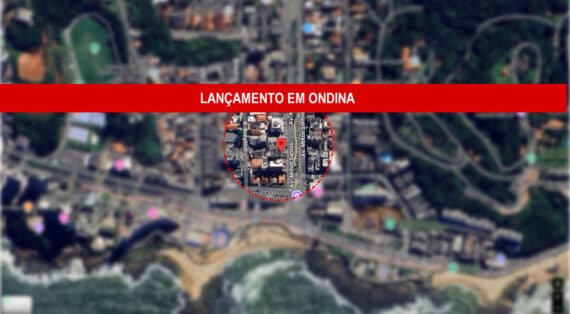 Imagem do mapa de Ondina, Salvador, com destaque circular na área do lançamento imobiliário e faixa vermelha indicando 