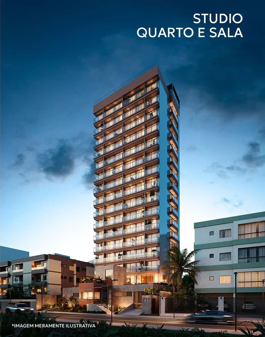 Perspectiva noturna da fachada do edifício Mirantte, com design moderno e varandas iluminadas, localizado no bairro Costa Azul, Salvador.