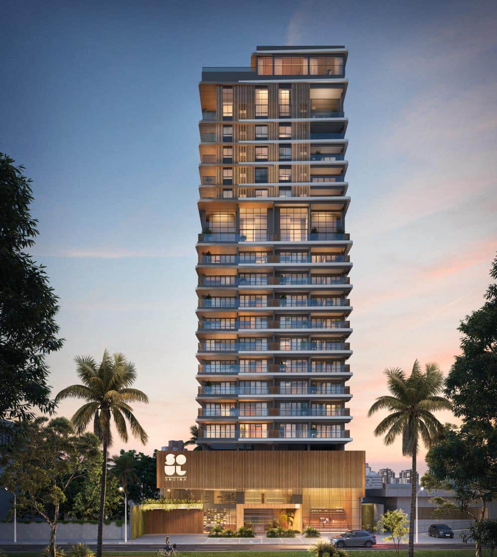 Perspectiva da fachada do SOUL Ondina, um empreendimento de torre única com design contemporâneo, rodeado por paisagismo e comodidades exclusivas.