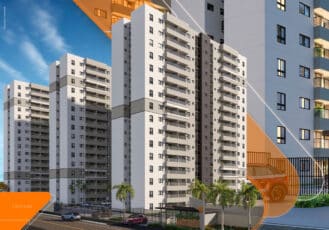 Fachada do Ventura Patamares, com design contemporâneo e torres residenciais altas, situadas em um ambiente arborizado e cercado por palmeiras.