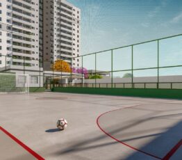 Quadra esportiva no Ventura Patamares, cercada por redes de proteção, com marcações para futebol e torres residenciais ao fundo.