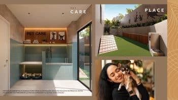 Imagens do Pet Care e Pet Place do Mirantte, com áreas dedicadas à higiene e cuidados dos pets, além de um espaço ao ar livre para diversão e exercícios.