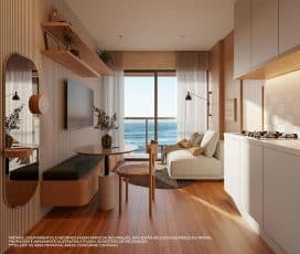 Apartamento de 30,22 m² no Mirantte, com decoração moderna, sala integrada e varanda com vista panorâmica para o mar.