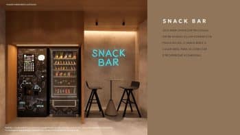 Snack Bar do Mirantte, equipado com máquinas de venda automática de lanches e bebidas, além de mesas e cadeiras confortáveis para uma pausa relaxante.