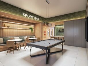 Perspectiva ilustrada do sport bar no La Mar Jaguaribe, com mesa de bilhar, sofás confortáveis e decoração moderna, ideal para momentos de descontração.