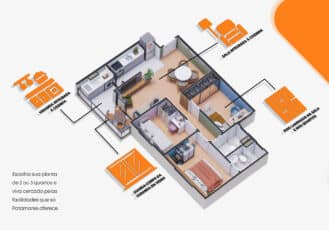 Planta baixa destacando a integração da sala e cozinha, varanda com guarda-corpo de vidro, piso laminado nos quartos e sala, além de espaços otimizados.