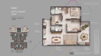 Planta baixa do apartamento de 73 m² no MOOD Costa Azul, com 3 quartos, 1 vaga e varanda gourmet.