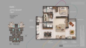 Planta baixa do apartamento Smart de 73 m² no MOOD Costa Azul, com 2 quartos, sala ampliada, 1 vaga e varanda gourmet.