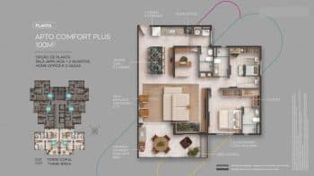 Planta baixa do apartamento de 100 m² no MOOD Costa Azul, com sala ampliada, 2 quartos, home office e 2 vagas de garagem.