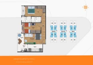 Planta baixa do apartamento Tipo I com 55,67m², contendo 2 quartos, sendo 1 suíte, varanda, sala de estar/jantar, cozinha, área de serviço e dois banheiros.