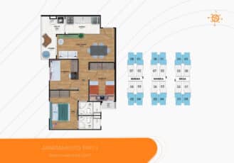 Planta baixa do apartamento Tipo II com 63,73m², contendo 3 quartos, sendo 1 suíte, varanda, sala de estar/jantar, cozinha, área de serviço e dois banheiros.