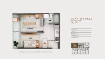 Planta baixa do apartamento quarto e sala do Mirantte, com 33,76 m², incluindo varanda, sala de estar, quarto, banheiro e cozinha integrada.