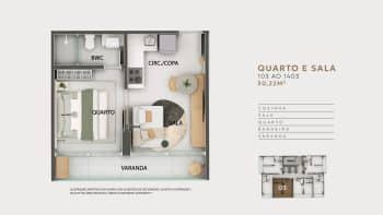 Planta baixa do apartamento quarto e sala do Mirantte, com 30,22 m², mostrando os cômodos: varanda, sala de estar, quarto, banheiro e cozinha integrada.