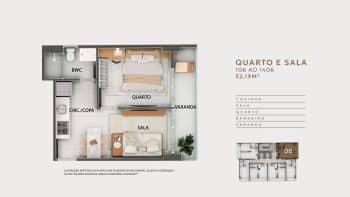 Planta baixa do apartamento quarto e sala do Mirantte, com 32,19 m², apresentando a distribuição de cômodos: sala de estar, quarto, banheiro, cozinha e varanda.