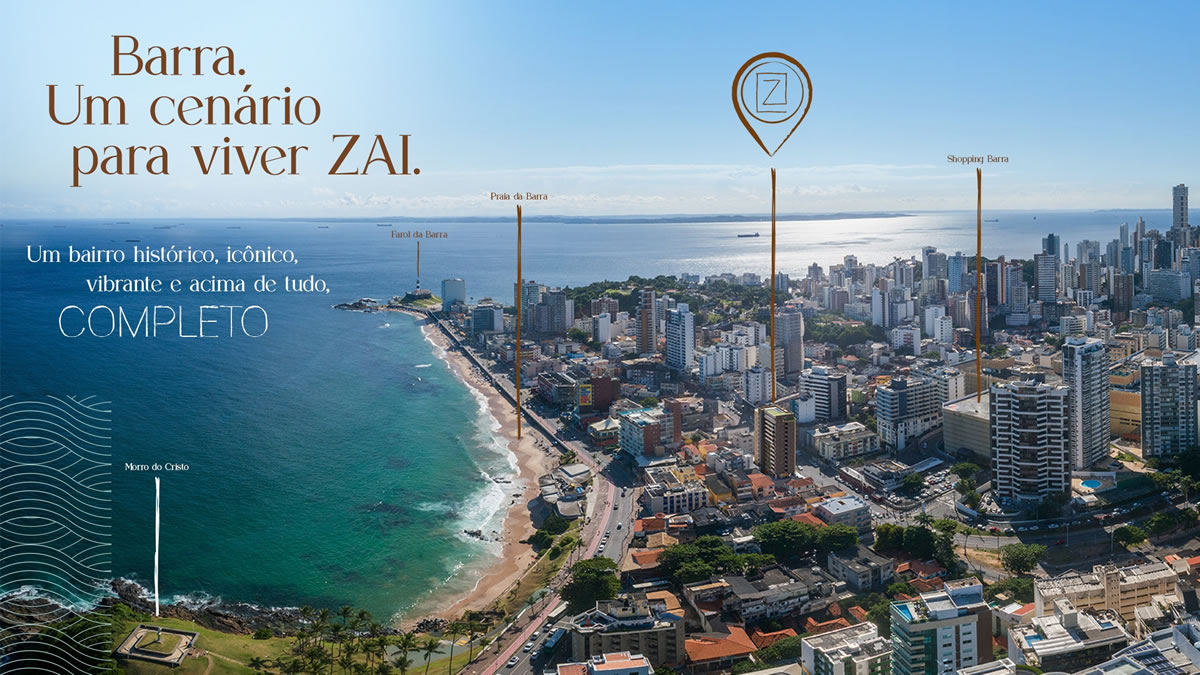 Foto aérea da Barra em Salvador, destacando a localização do ZAI Barra próximo à praia, ao Farol da Barra, Morro do Cristo e Shopping Barra.