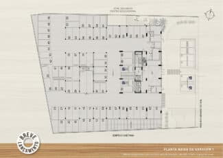 Planta baixa da garagem 1 do Blend Pituba, mostrando a disposição das vagas numeradas, elevadores, áreas de circulação e acessos de entrada e saída.