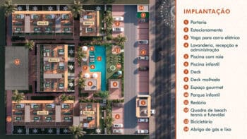 Planta baixa do condomínio Banzai Itacimirim com áreas de lazer, piscinas, quadra de beach tennis, estacionamento, blocos residenciais e demais instalações.